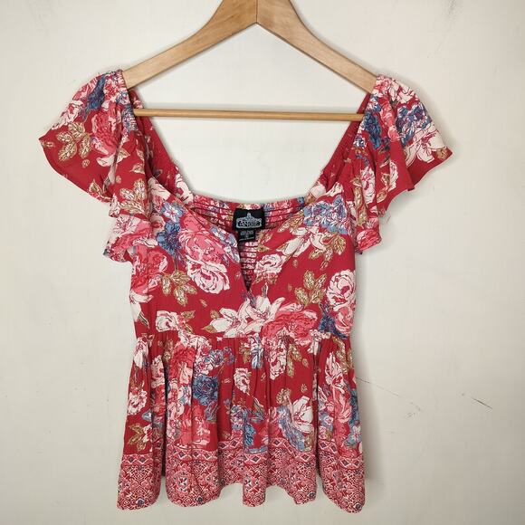 Angie Floral Flutter Sleeve Top Peplum Smocked - Picture 1 of 11